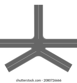 Five Ways Road Junction Top View. Highway Part With Marking Isolated On White Background. Roadway Element For City Map. Vector Flat Illustration.