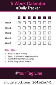 Five Week Daily Habit Tracker Calendar Goal Planner Vector Template 