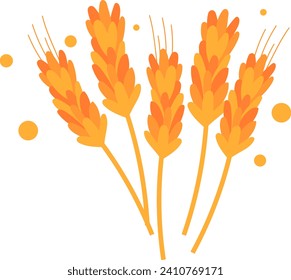 Five wheat ears with orange grains. Simple flat design grains with abstract dots on a white background. Harvest and agriculture concept vector illustration.