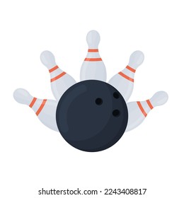 five white bowling pins and black ball