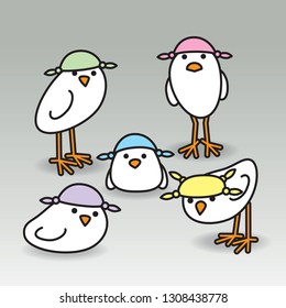 Five White British Chicks wearing Knotted Coloured Handkerchiefs on Heads for Sun Protection while staring towards camera on Grey background