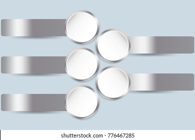 Five white circles with metallic silver edges with silver metallic rectangles ready for your text
