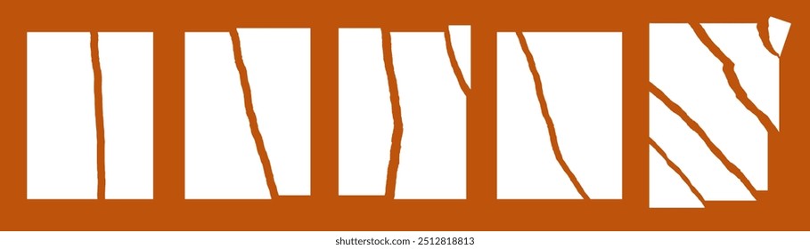 Five white clean empty A4 sheets torn in half vertically, diagonally, into strips, with torn corners. Vector illustration of empty torn forms for text and collage in flat style.