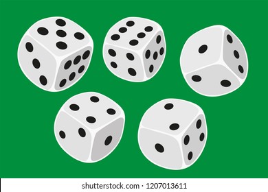 Five white dices size thrown in a dice game and isolated on a green background - vector illustration in simple clean design
