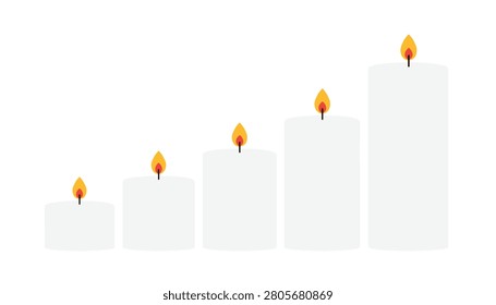 Five white pillar candles of varying heights with glowing flames arranged in ascending order for relaxation, spa, and home decor marketing visuals.