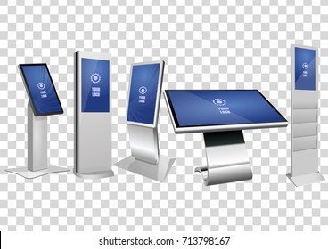 Five White Promotional Interactive Information Kiosk, Advertising Display, Terminal Stand, Touch Screen Display isolated on transparent background. Mock Up Template.