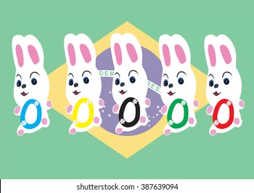 Five white rabbits holding color ring on Brazil flag background