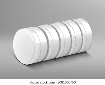 Five White Round Tin Can For Food Or Cosmetics. EPS10 Vector