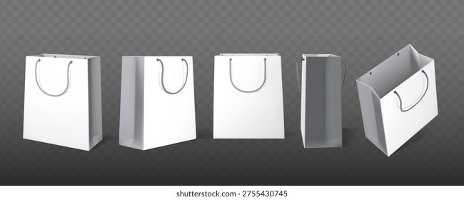 Five white shopping bags shown in realistic style on transparent background, concept of packaging and retail. Vector illustration