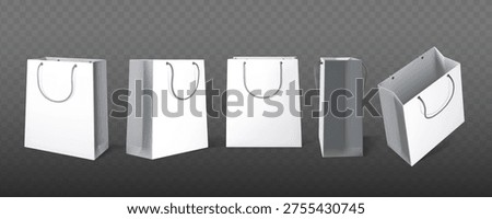 Five white shopping bags shown in realistic style on transparent background, concept of packaging and retail. Vector illustration
