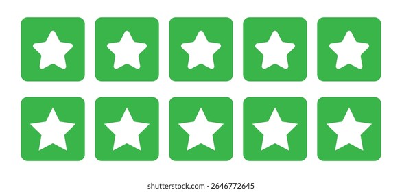 Five white stars on green squares isolated on white background.  Five star review rating symbol. customer feedback icon