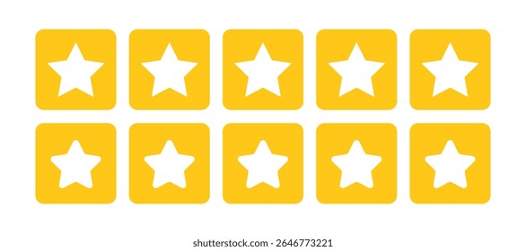Five white stars on yellow squares isolated on white background. Five star review rating symbol. customer feedback icon