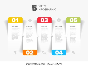 Five white vector progress block steps template with color border, descriptions, big numbers. Five fresh light vertical column stripes in sequence with tasks descriptions and color numbers