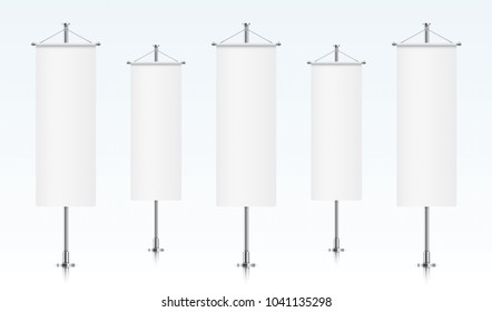 Five white vertical banner flags, standing in a row. Banner flag templates isolated on background. Vertical flags realistic mockup.