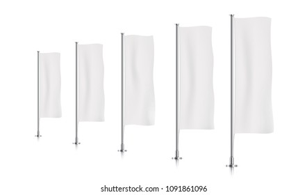 Five White Vertical Banner Flags, Standing In A Perspective Row. Banner Flag Templates Isolated On Background. Vertical Flags Realistic Mockup.