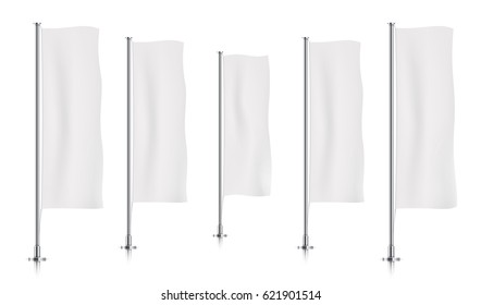 Five white vertical banner flags, standing in a row. Banner flag templates isolated on background. Vertical flags realistic mockup.