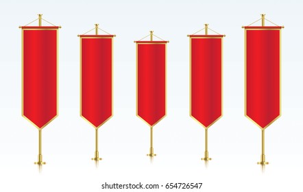 Five white vertical royal flags, standing in a row. Banner flag templates isolated on background. Vertical flags realistic mockup.