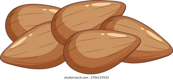 Cinco amêndoas inteiras em estilo de vetor de desenho animado limpo com sombreamento suave no fundo branco.