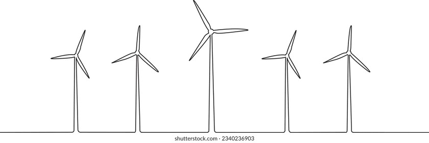 Fünf Windturbinen auf weißem Hintergrund mit Kopienraum