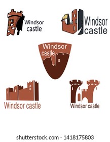 five Windsor castle logos on a white background. made in brown, yellow, black, orange.