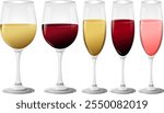 Five wine glasses with different beverages