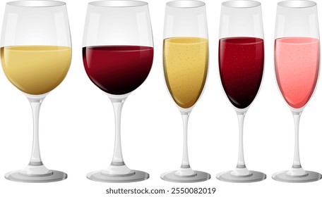 Cinco copas de vino con diferentes bebidas