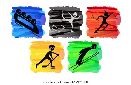 five winter sport pictograms on blue black red yellow green squares on white background