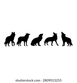 Five wolf silhouettes howling in unison outdoors