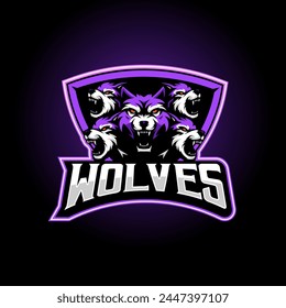 Cinco lobos mascota esport juego logo diseño ilustración Vector en púrpura