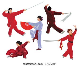 Five woman poses of practicing tai-chi. Color vector illustration.