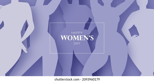 Fünf Frauen verschiedener Kulturen tanzen zusammen. Frauenfreundschaft. Fröhlicher Frauentag. Muttertag. Venera, venus weiblicher Papierschnitt-Stil. Körperpositiv. Purpur. Veri pery. Vektorgrafik