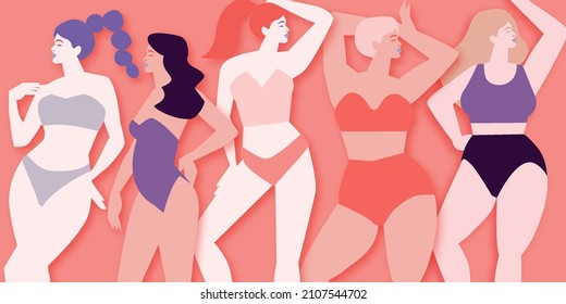 Cinco mujeres de diferentes culturas bailando o parándose juntas. La amistad de las mujeres. Feliz Día de la Mujer. Día de la Madre. Venera, estilo de corte de papel femenino Venus. Cuerpo positivo. Tiempo de verano