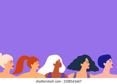 Cinco mujeres de diferentes culturas bailando o parándose juntas. La amistad de las mujeres. Feliz Día de la Mujer. Día de la Madre. Venera, Venus hembra cuerpo positivo. Hora de verano. Traje de baño.