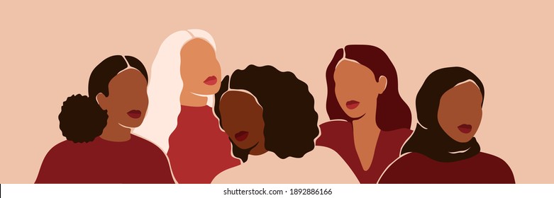 Пять женщин разных национальностей и культур стоят бок о бок. Сильные и смелые девушки поддерживают друг друга и феминистское движение. Сестричество и женская дружба. Векторная иллюстрация