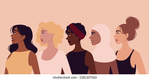 Five women of different nationalities. Waist-high portrait in profile. Sisterhood and women's friendship.