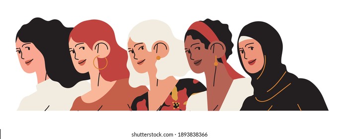 Five women of different nationality and culture standing together. Women's friendship, union of feminists or sisterhood. The concept of the female's empowerment movement. International women's day.