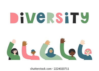 Five women of different races and religion together with hands up. Girl power, diversity, inclusion, equality and rights concept. International women's day flat vector illustration and lettering set.