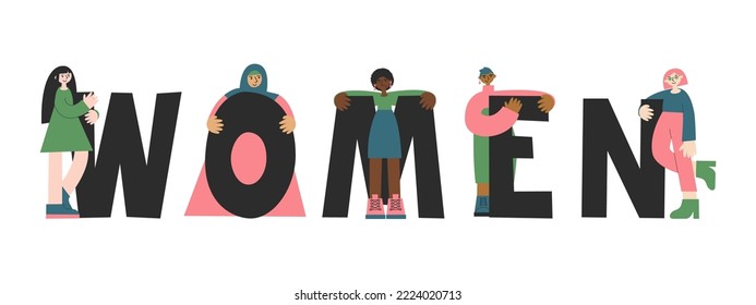 Five women of different races and religion together holding letters. Girl power, diversity, inclusion, equality and rights concept. International women's day flat vector illustration lettering set.