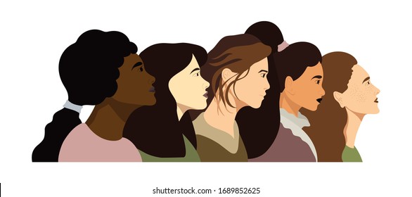 Five women from different religions of skin color races are fighting for their rights. Women have the same rights as men. Concept of the female's empowerment movement. Flat cartoon illustration.