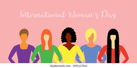 Five women of different skin, hair and clothes stand together with their arms crossed. International Women's Day. The concept of women's friendship and the movement for women's rights.