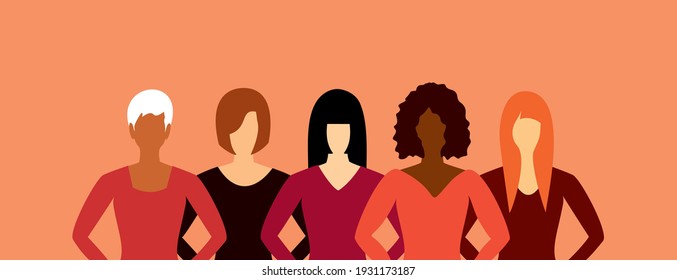 Five women of different skin, hair and clothes stand together. International Women's Day. The concept of women's friendship and the movement for women's rights.