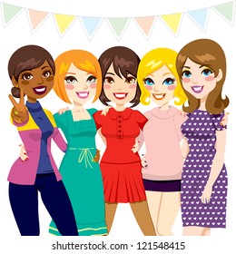 Five women friends having fun together at a celebration party