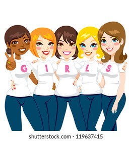 Five women friends posing together wearing white t-shirts making the word GIRLS for girl power concept