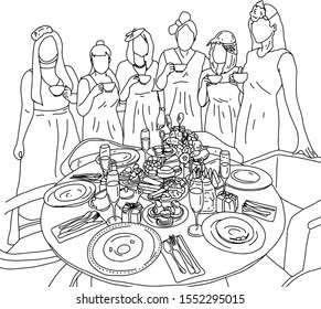 five women having afternoon tea with desserts on table vector illustration 