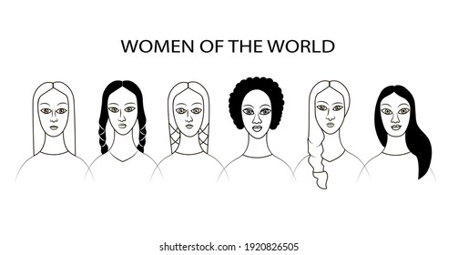 Five women international. Vector drawn black and white row image.