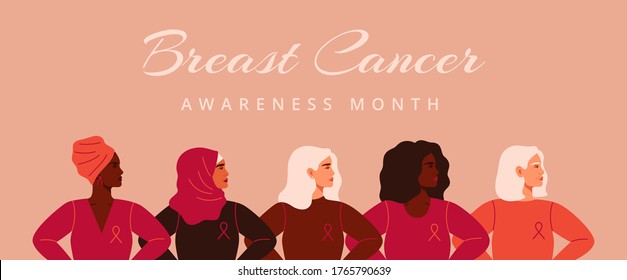 Five women with pink ribbons of different nationalities standing together. Breast cancer awareness prevention month banner. Concept of support and solidarity with females fighting oncological disease