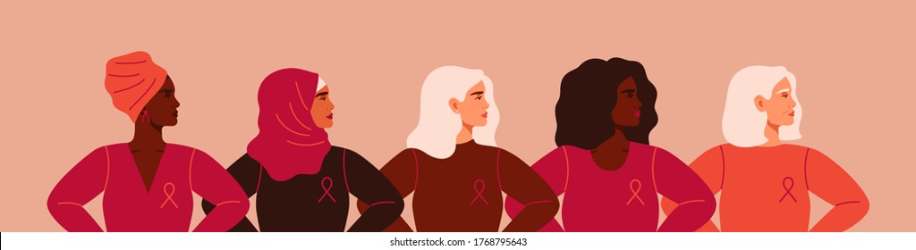 Five women with pink ribbons of different nationalities are standing together. Breast cancer awareness prevention month poster. Concept of support and solidarity with females fighting oncological dise