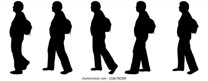 Five Women Of The Same Height Walk One After Another, In One Line. Hiking. Older Tourists Walk With Backpacks. Retired Sport. Side View, Profile. A Black Silhouette Is Isolated On A White Background.