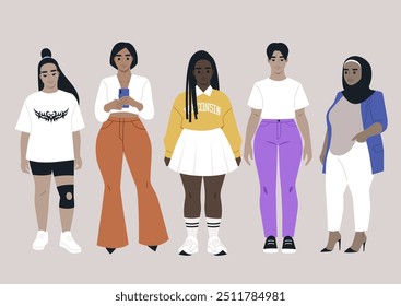 Five women stand side by side, each displaying their distinctive fashion choices and body types, Their outfits reflect a blend of cultures and personal styles, radiating empowerment and unity