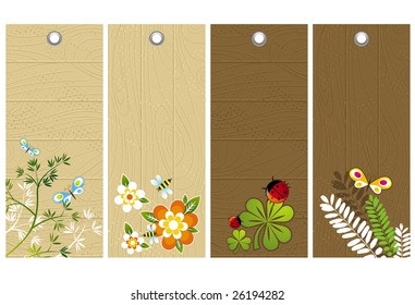 five wooden labels with floral elements, vector illustration